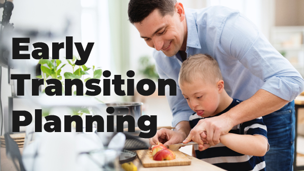 Man assisting boy with down syndrome cutting an apple with a knife on a cutting board in the kitchen; Early Transition Planning