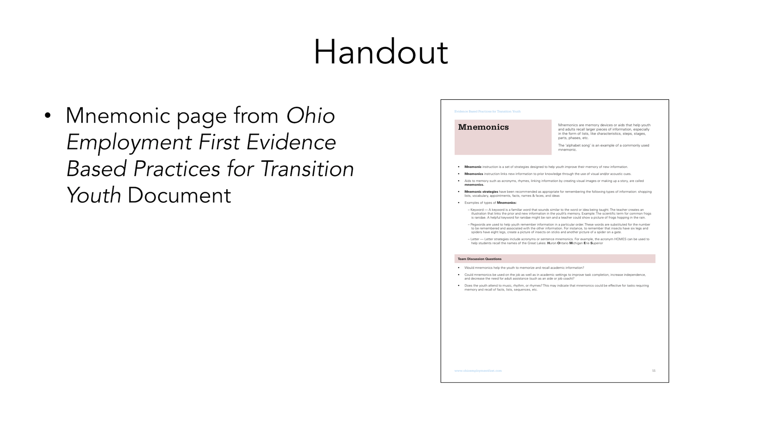S8 Slide Three Preview: Handout Mnemonic Page